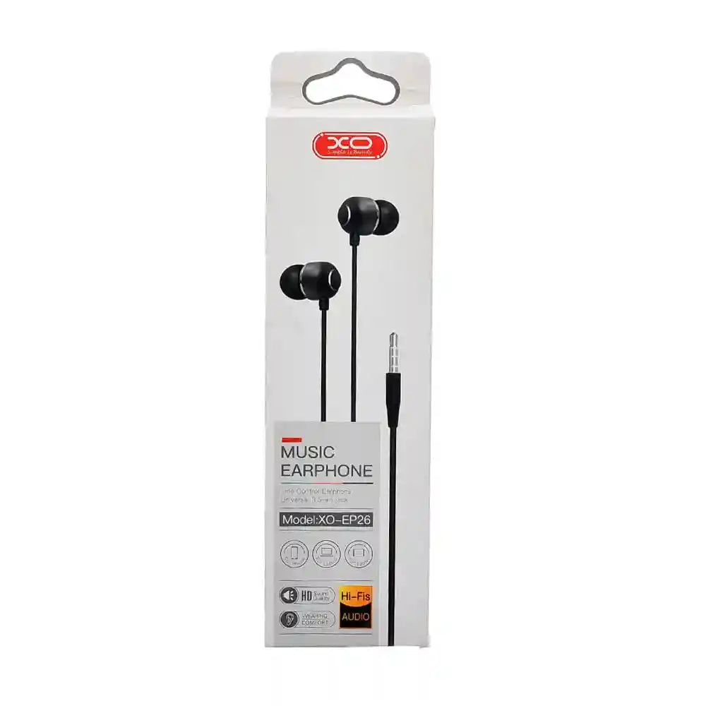 Xo xo-ep26 music earphones with hd sound quality and bulid in microphone 3.5mm set of 2 pieces - black, Wired Headphones Headset - Safqqa Egypt