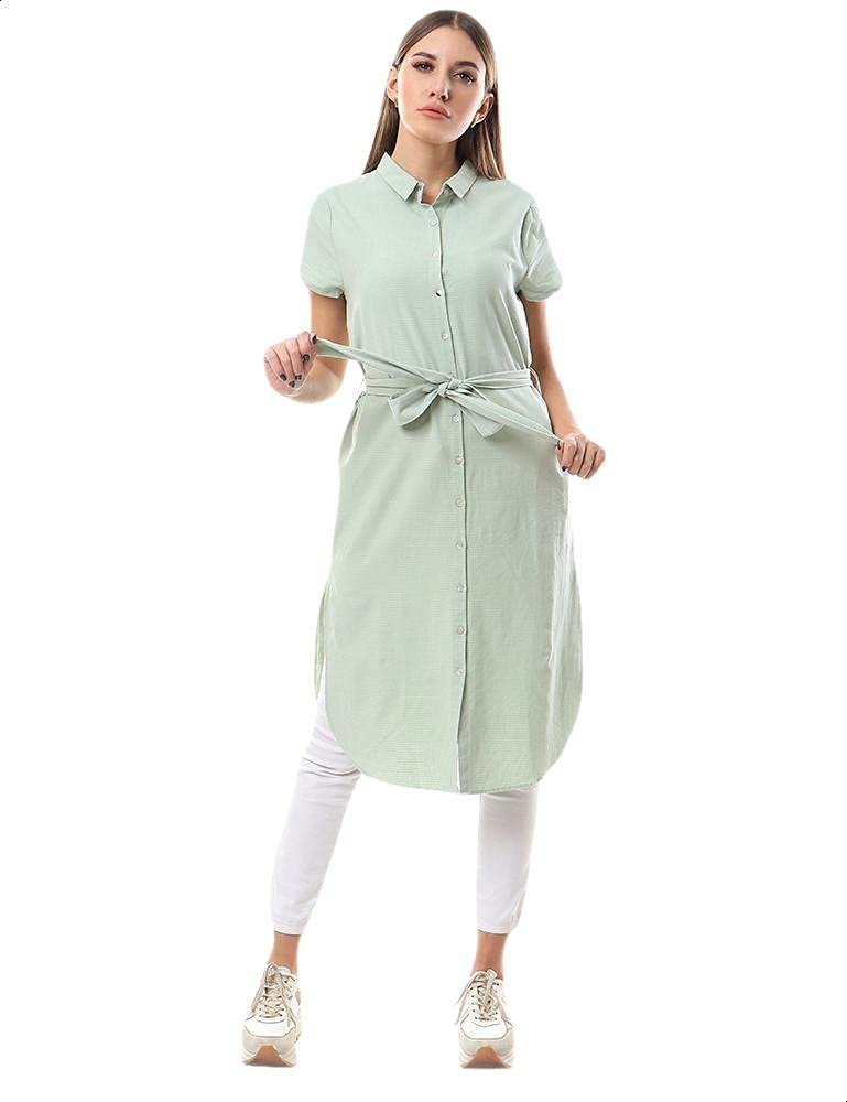 Ravin Waist-Tie Short Sleeves Striped Longline Shirt for women