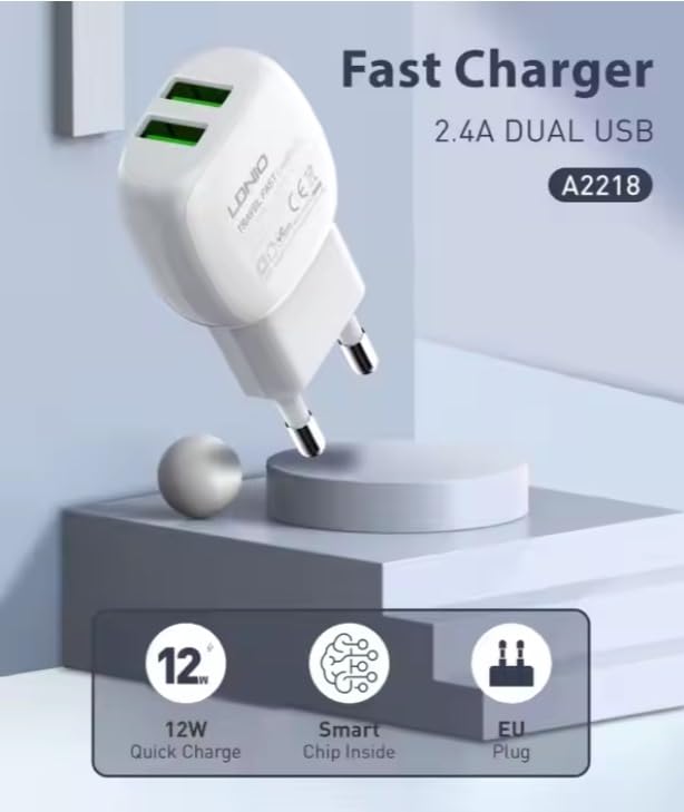 LDNIO A2218 Fast Wall Charger With Dual USB Ports USB To Type-C Cable And Practical Design Fits Multi Devices 2.4A - White