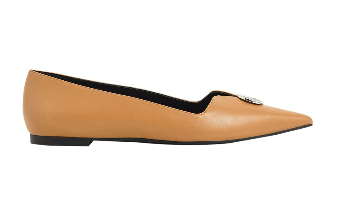 CHARLES & KEITH Women’s Pointed Toe Faux Leather Ballerinas with Front Button Detail