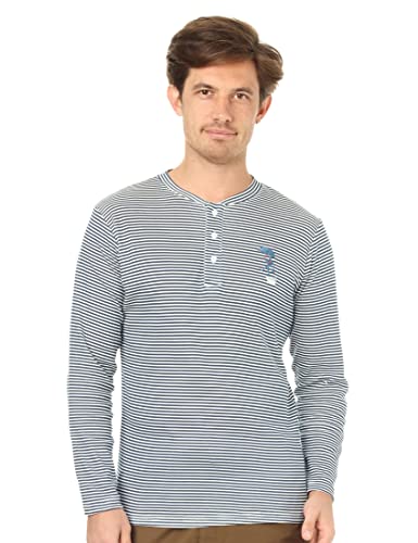 Offcliff Men's Striped Long Sleeve Henley Neck Top with Side Broderie