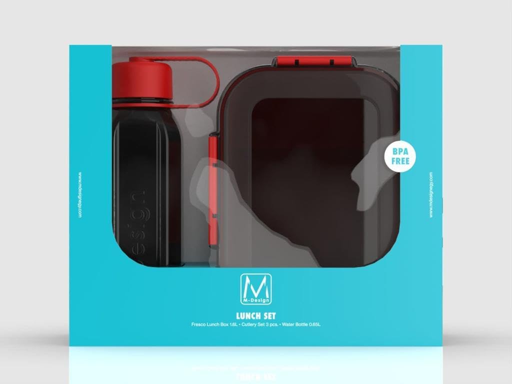 M-Design Lunch Set - 1.1L Box, 500ml Water Bottle & 3pc. Cutlery Black- Damage Box