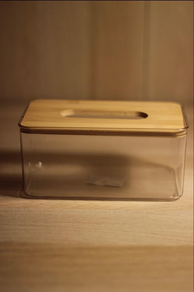 Imported Acrylic Tissue Box with Bamboo Lid – Clear Decorative Tissue Holder for Home, Office & Bathroom