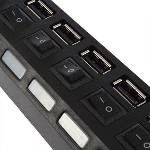 موزع USB بـ 7 منافذ 2.0 مع مفاتيح تشغيل وإضاءة LED – أسود متوافق مع الكمبيوتر واللابتوب.