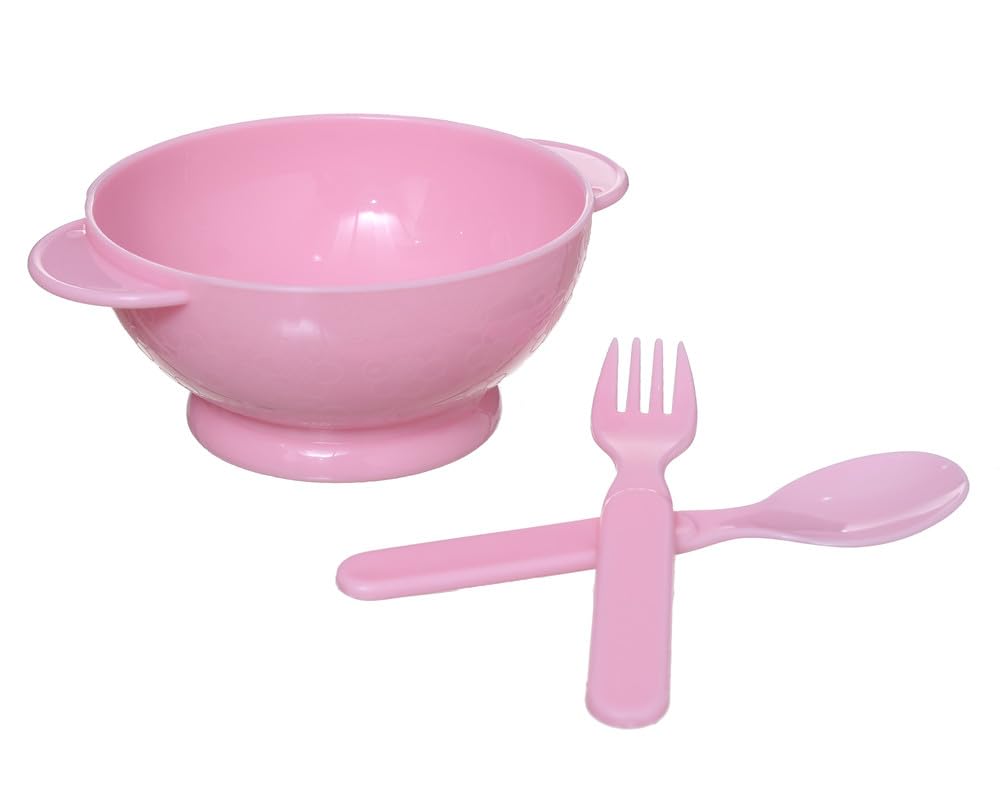 طقم طعام للأطفال من البلاستيك 3 قطع (طبق + ملعقة + شوكة) باللون الوردي – موديل DR-A-629