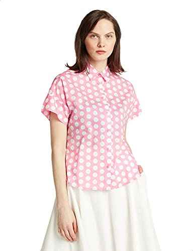Polka Dot Cotton Short-Sleeve Rounded-Hem Button-Down Shirt For Women - Safqqa Egypt