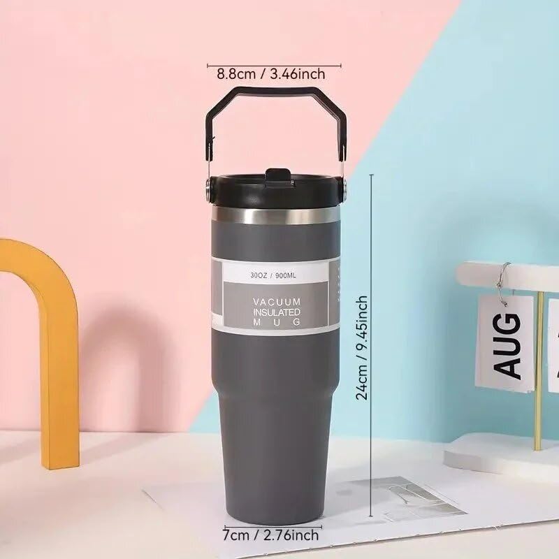 فافريا 890ML كوب مع مصاصة غطاء قابل للطي مقاوم للتسرب/مقبض يد كوب سيارة مفرغ من الهواء من الفولاذ المقاوم للصدأ جدار مزدوج معزول زجاجة ماء للسفر/أكواب قهوة للسفر كوب مع غطاء (أسود)