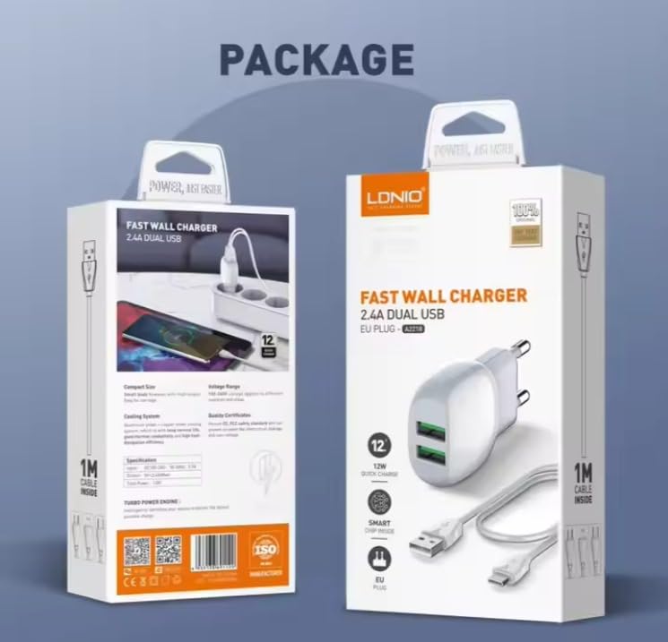 LDNIO A2218 Fast Wall Charger With Dual USB Ports USB To Type-C Cable And Practical Design Fits Multi Devices 2.4A - White