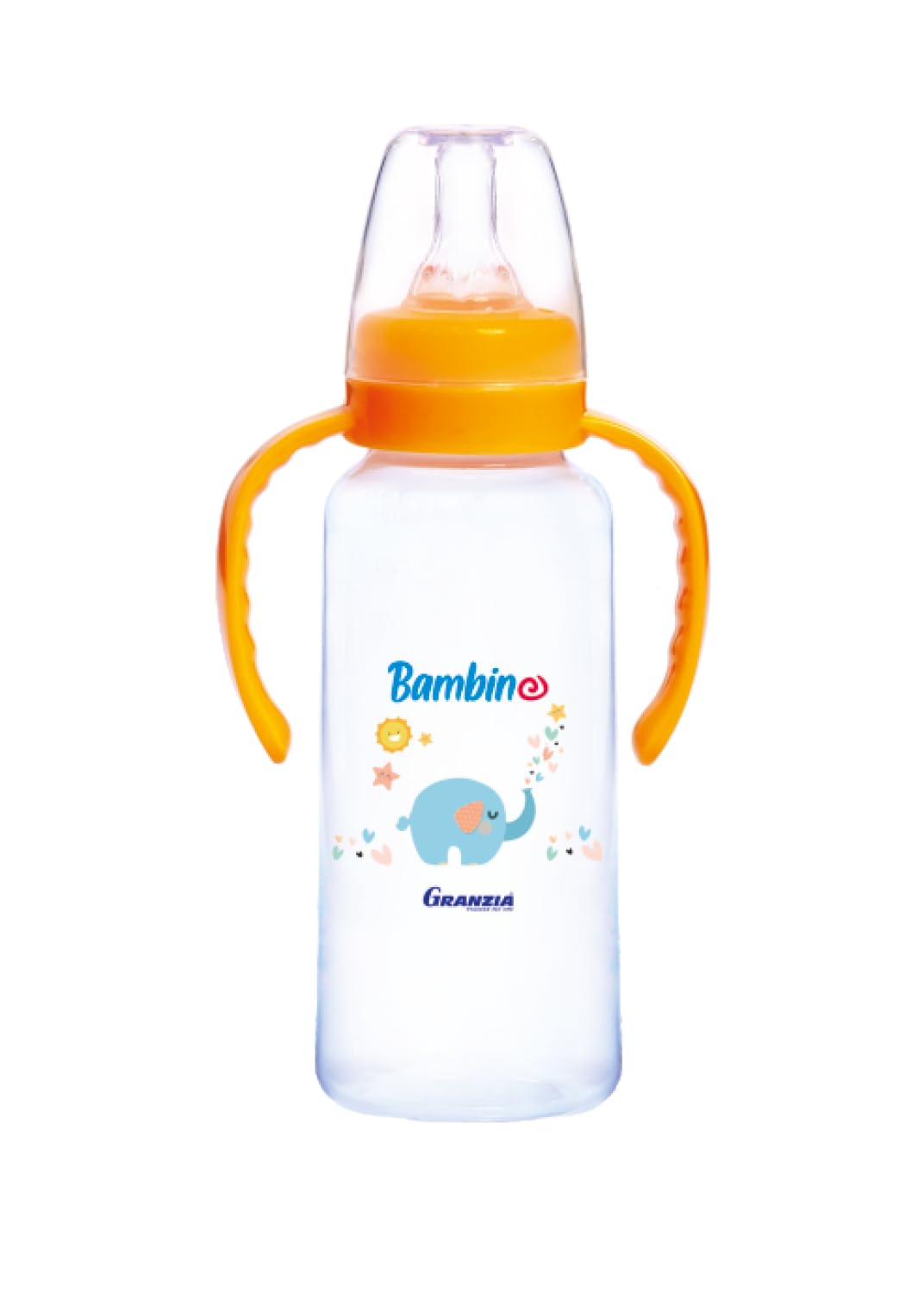 رضّاعة الأطفال Granzia Bambino Classic مع يدين (سعة 300 مل – لون برتقالي) مصممة لتوفير الراحة والأمان أثناء تغذية الطفل. مصنوعة من مواد عالية الجودة وخالية من مادة الـBPA لضمان السلامة والنظافة