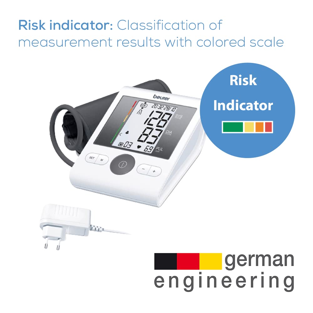 Beurer BM28 Upper Arm Blood Pressure Monitor with Patented Resting Indicator for Accuracy, Cuff Position Assistance and Colour-Coded Risk Indicator - with adapter