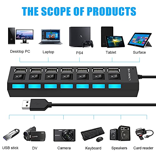 Multi Port USB Splitter, 7 Port USB 2.0 Hub, USB A Port Data Hub with Independent On/Off Switch and LED Indicators, Lights for Laptop, PC, Computer, Mobile HDD, Flash Drive and More (Black 2.0) - Safqqa Egypt