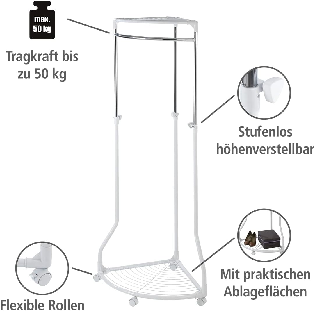 WENKO Coat Rack Freestanding, Clothes Hanger Stand for Entryway, Coat Rack with Shoe Storage, Adjustable Corner Coat Rack, White/Chrome, Holds up to 110lbs, 27.6 x 44-65.4 x 21.7 in