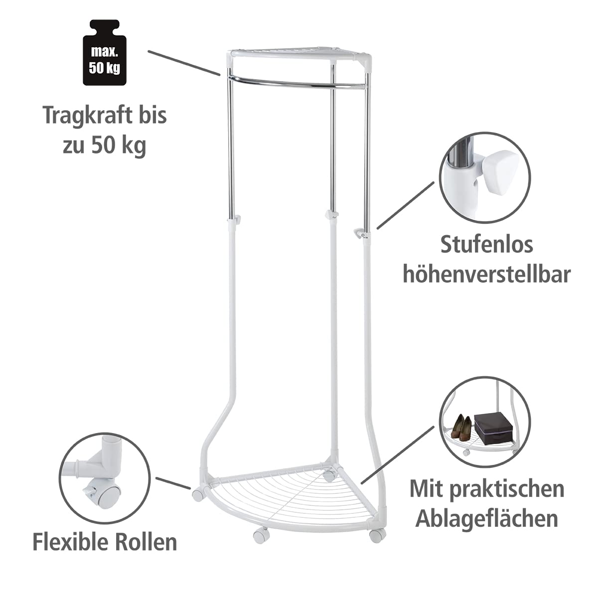 WENKO Coat Rack Freestanding, Clothes Hanger Stand for Entryway, Coat Rack with Shoe Storage, Adjustable Corner Coat Rack, White/Chrome, Holds up to 110lbs, 27.6 x 44-65.4 x 21.7 in