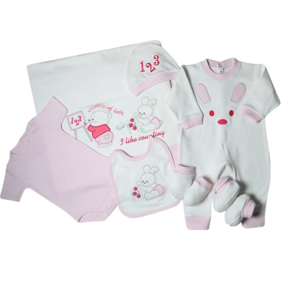 Papillon Cotton Set 7 Pieces Embroidered Bear and Letter (2 Bodysuit-Blanket-Bib-Hat-Socks and Gloves) for Girls--New Born