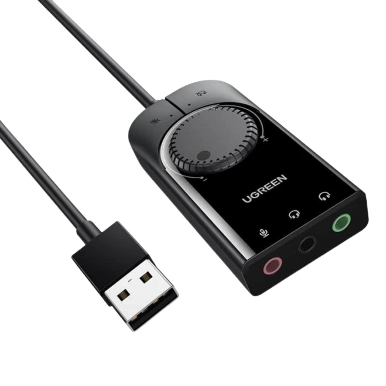 محول اجهزة صوت USB ببطاقات صوت خارجية ستيريو من يوجرين، مع سماعة رأس 3.5 ملم ومنفذ ميكروفون وتحكم في مستوى الصوت