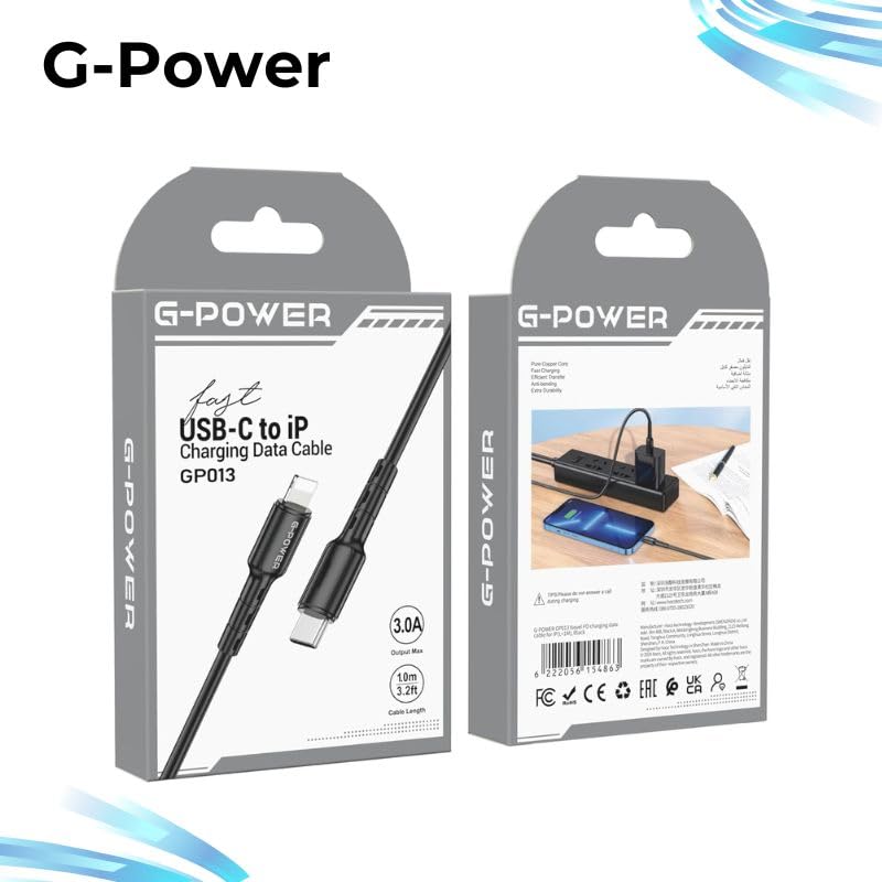كابل شحن ونقل بيانات من نوع C إلى لايتنينج من G-Power GP013 بتصميم ذكي وكفاءة عالية لنقل البيانات لأجهزة متعددة بطول 1 متر وأقصى خرج 3.0 أمبير - أسود