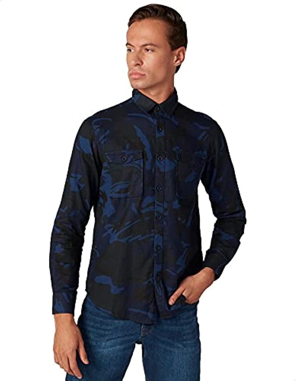 Lee Cooper Camouflage Pattern Front Pockets Cotton Shirts for Mens - Navy & Black