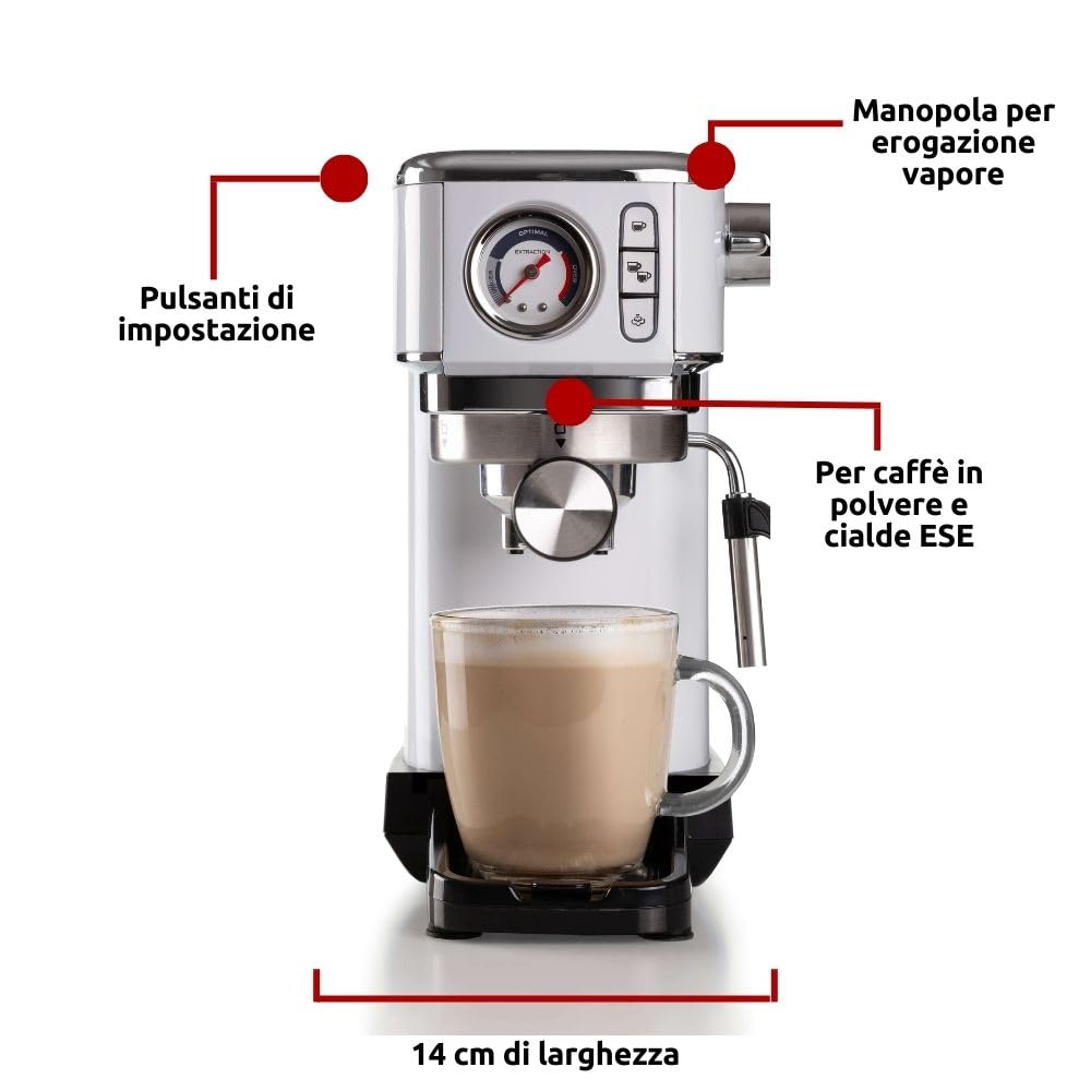 Ariete Coffee maker with pressure gauge, compatible with coffee powder and ESE pods, 1300 W, 1.1 L capacity, 15 bar pressure, ½ cup filter, cappuccino device