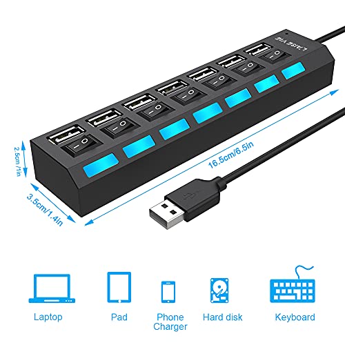 Multi Port USB Splitter, 7 Port USB 2.0 Hub, USB A Port Data Hub with Independent On/Off Switch and LED Indicators, Lights for Laptop, PC, Computer, Mobile HDD, Flash Drive and More (Black 2.0) - Safqqa Egypt