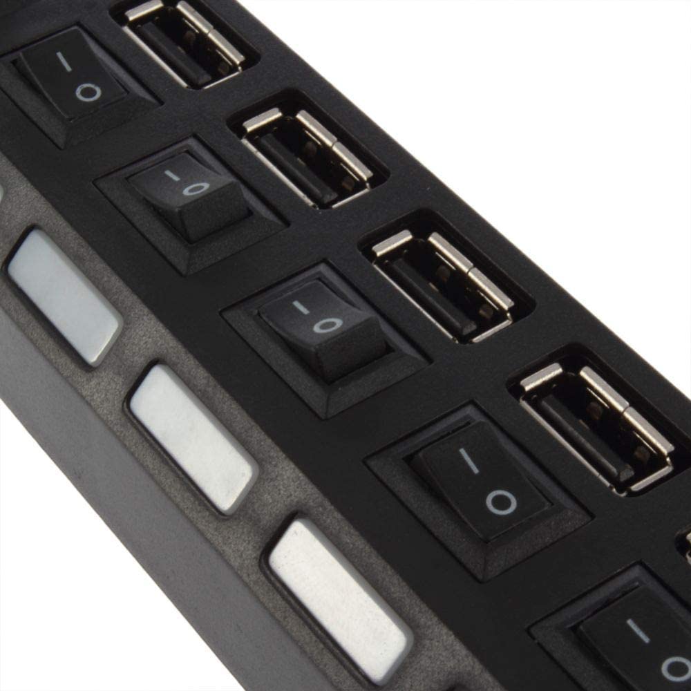 موزع USB بـ 7 منافذ 2.0 مع مفاتيح تشغيل وإضاءة LED – أسود متوافق مع الكمبيوتر واللابتوب.