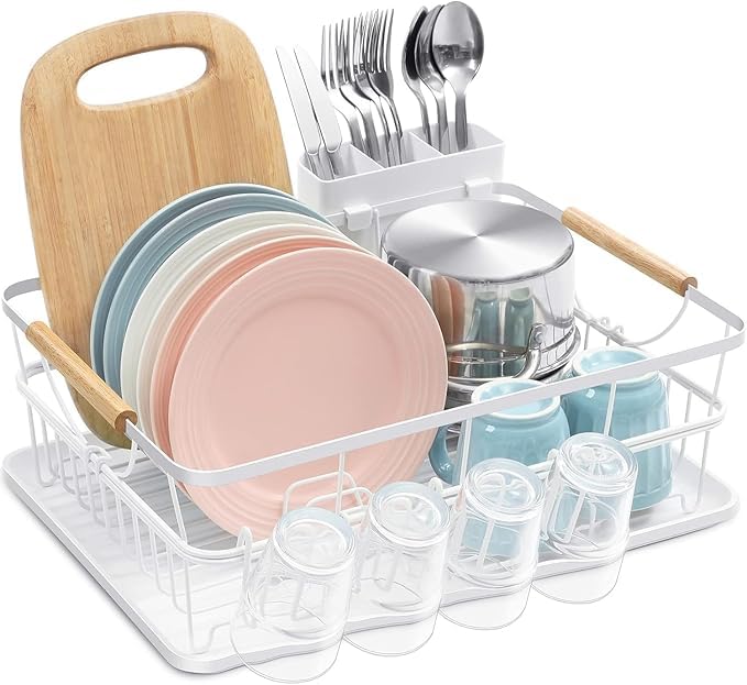 Kitchen Dish Drying Rack – White, Utensil Organizer with Drip Tray