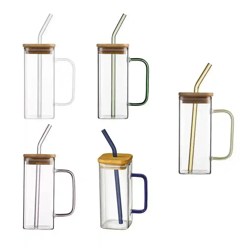 كوب زجاجي مربع من برايم شوب مع مقبض وغطاء خشبي – منتج فاخر متعدد الاستخدامات ومحكم الإغلاق لتجربة شرب استثنائية (عبوة من قطعة واحدة)