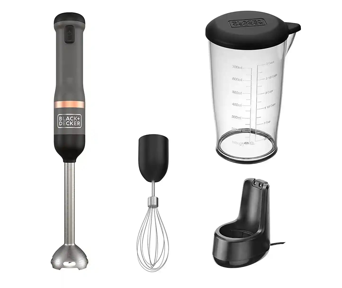 Black & Decker 7.2V Cordless Kitchen Wand/ Blender with 700ml Measuring Cup and Whisk, Includes Charging Base and Magnetic Charger, BCKM1012KB GB, Grey