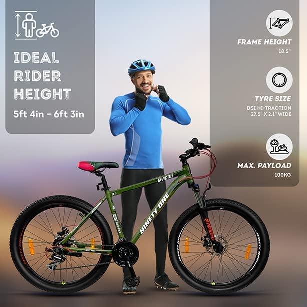 Ninety One Invictus 27.5T 24 Speed Disc Brakes Hybrid Bike ( Military Green, Ideal for: 12+ Years)