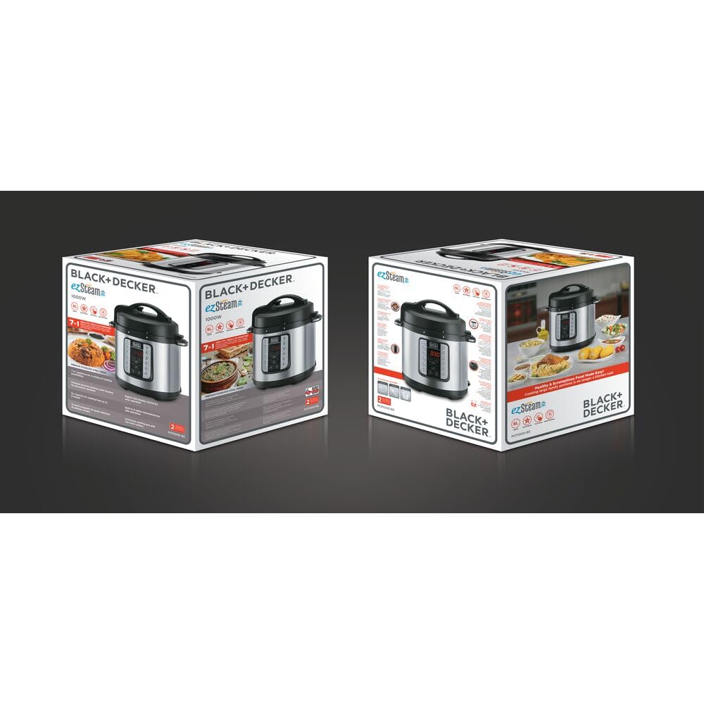 Black&Decker 7-in-1 Smart Electric Pressure Cooker, 6L, 1000W – Programmable Multi-Cooker, Black/Silver – PCP1000-B5