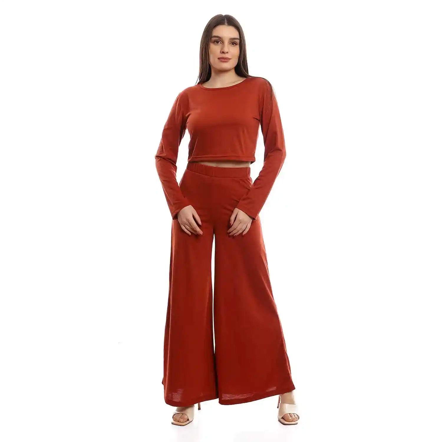 offcliff Women Solid Wide Leg Pants & Long Sleeve Crop Top