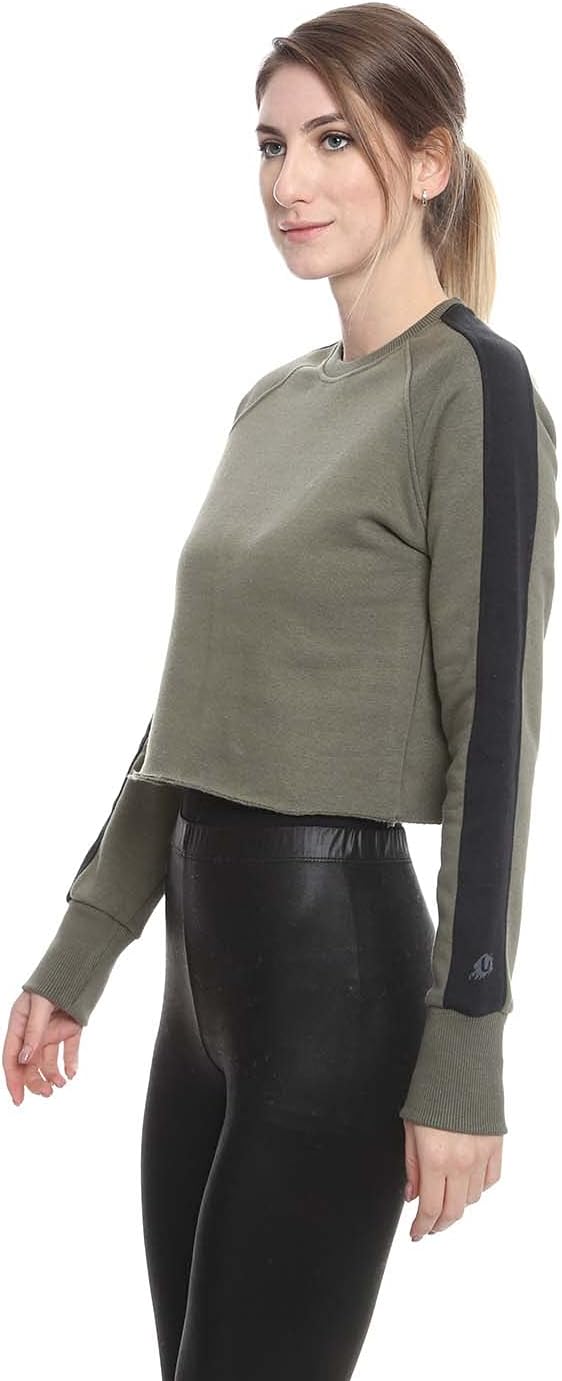 Side Stripe Ribbed Trims Crew Neck Cropped Sweatshirt for Women