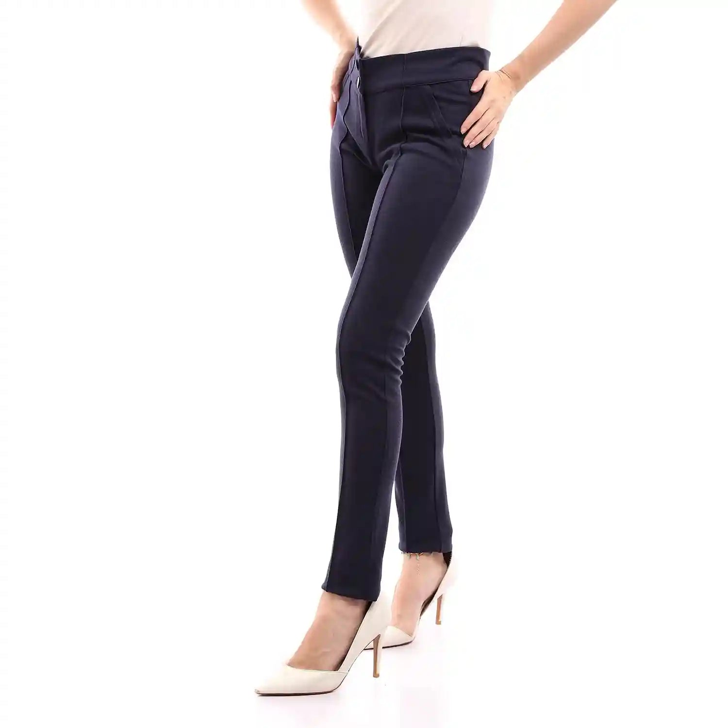 Esla Women’s Solid Navy Blue Leggings with Fly Zipper and Button Closure - Safqqa Egypt