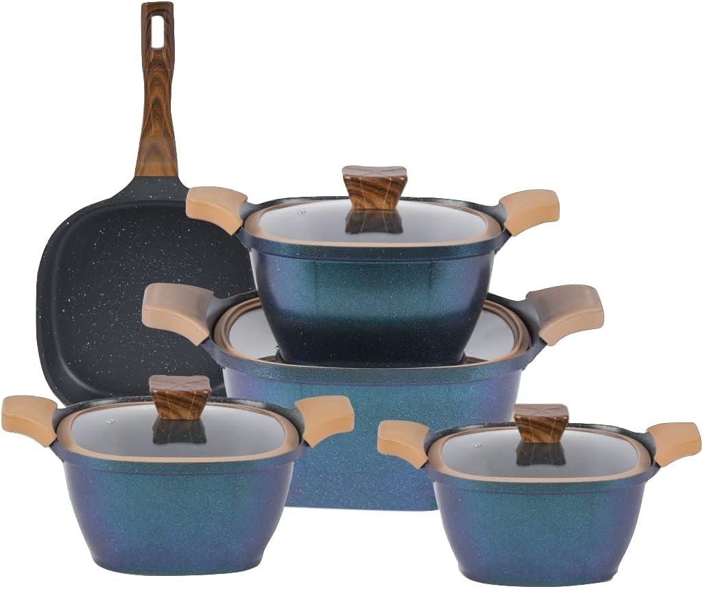 Neoklein Healthy Granite Non-Stick Square Kitchen Cookware Set 9 Pieces with Pyrex Ocean Lid Made from premium granite material for strength and durability