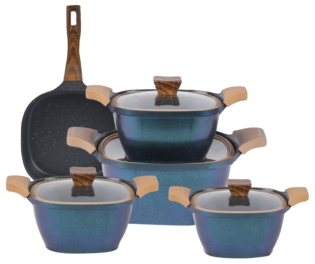 Neoklein Healthy Granite Non-Stick Square Kitchen Cookware Set 9 Pieces with Pyrex Ocean Lid Made from premium granite material for strength and durability