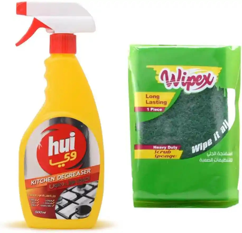 نظف مطبخ بـ 500 مل وإسفنجة ذات قوة عالية، مصممين لإزالة الدهون والزيوت وبقايا الطعام والأوساخ اليومية في المطبخ