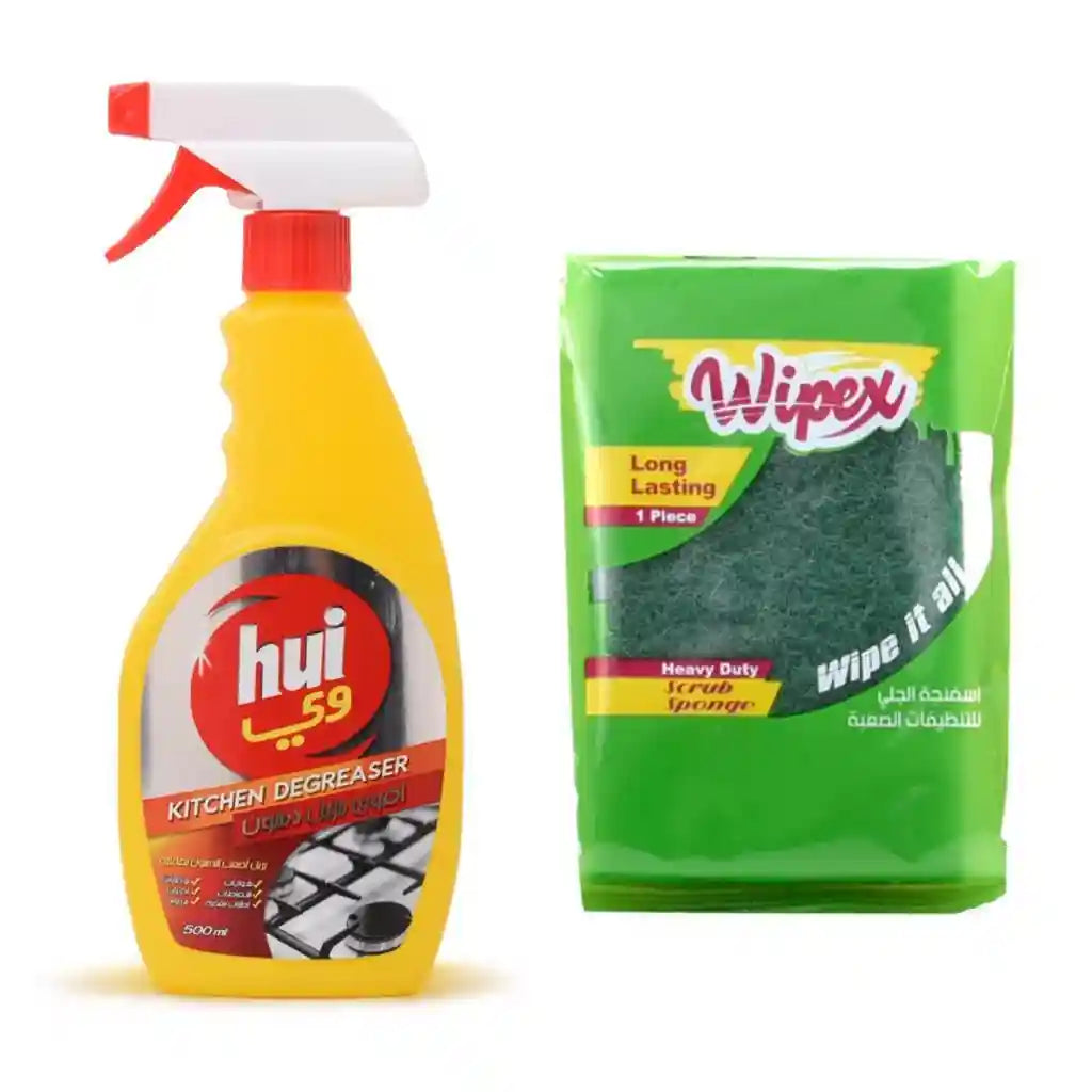 نظف مطبخ بـ 500 مل وإسفنجة ذات قوة عالية، مصممين لإزالة الدهون والزيوت وبقايا الطعام والأوساخ اليومية في المطبخ