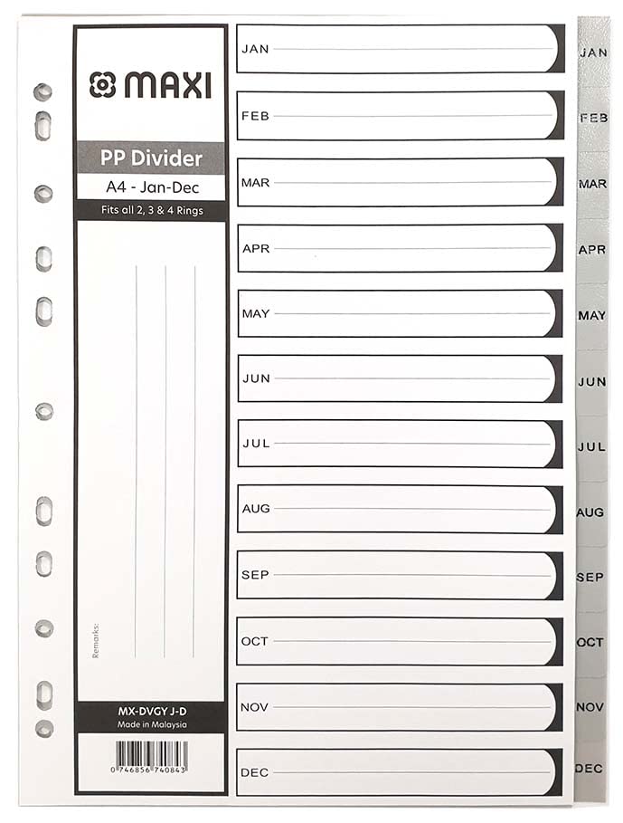  فواصل الملفات المقسمة من يناير إلى ديسمبر. تساعدك هذه الفواصل على ترتيب المستندات حسب الأشهر لتسهيل الوصول السريع