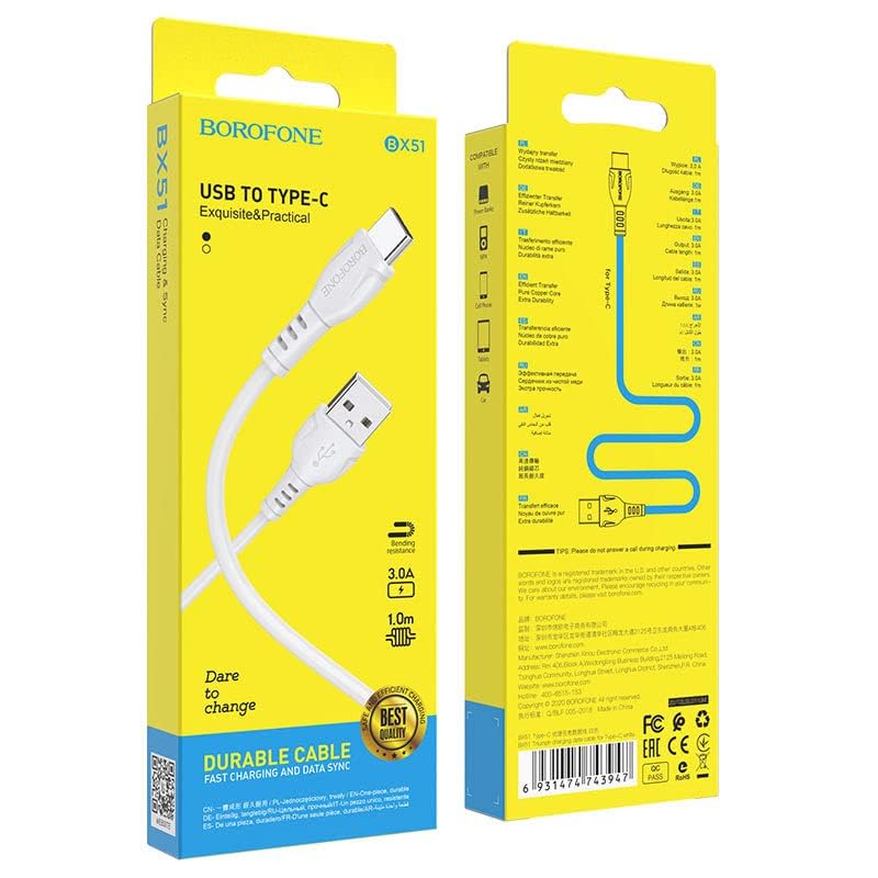 Borofone BX51 Exquisite & Practical Type-C Cable – Bend-Resistant, 3A, 1m