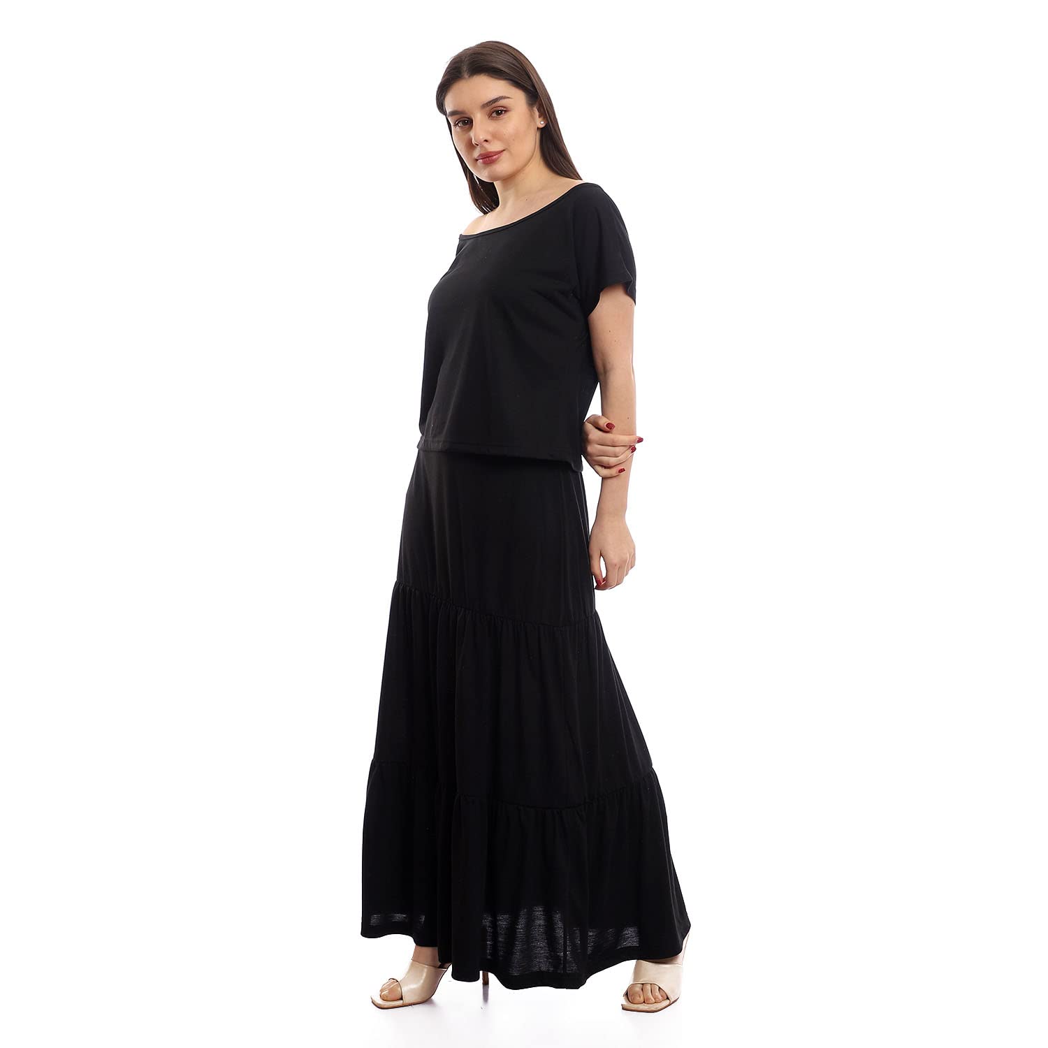 offcliff Women Tiered Skirt & Cropped Tee Solid Set