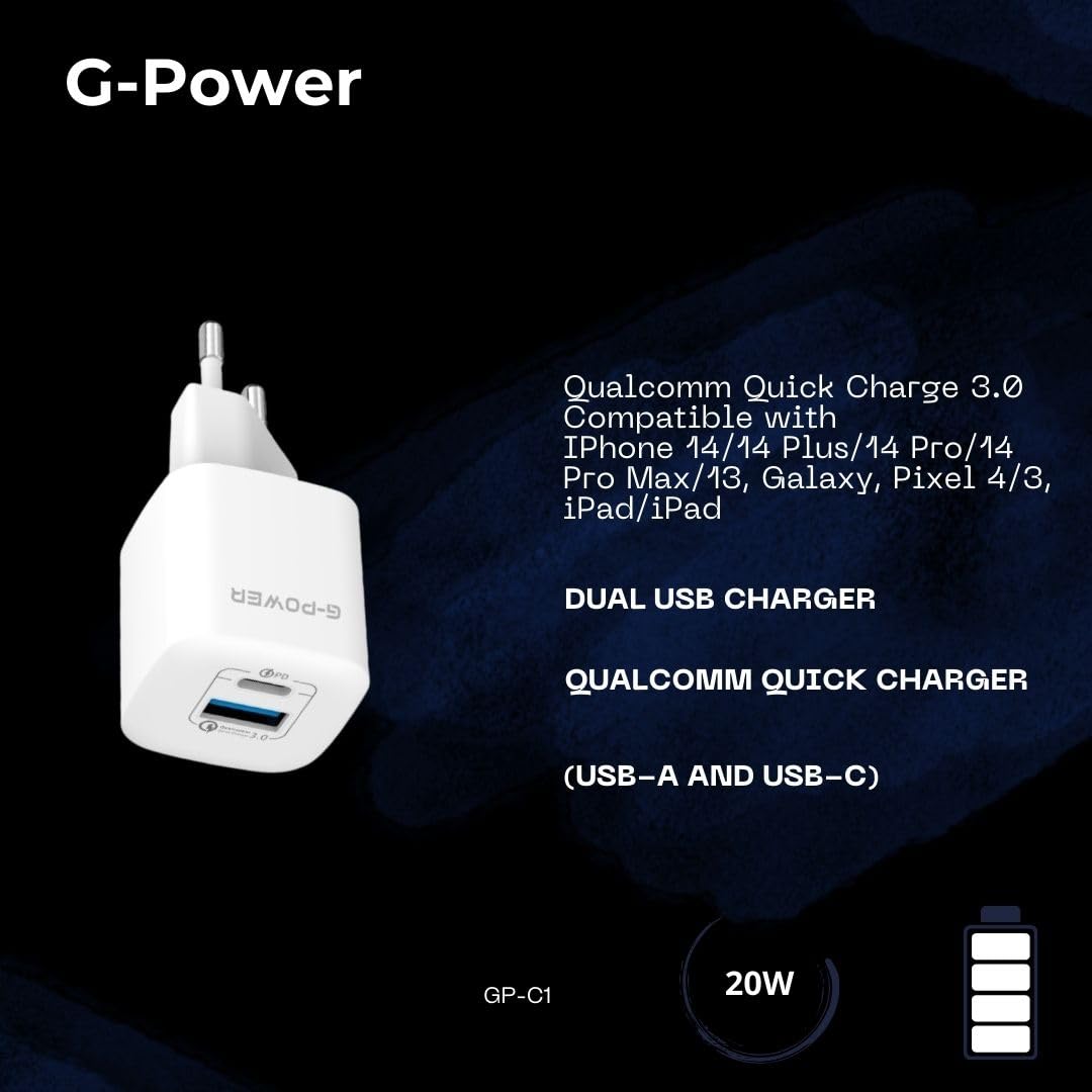 G-Power GP-C1 20W Dual USB Charger (USB-A and Usb-C) Qualcomm Quick Charge 3.0 Compatible with iPhone 14/14 Plus/14 Pro/14 Pro Max/13, Galaxy, Pixel 4/3, iPad/iPad - White