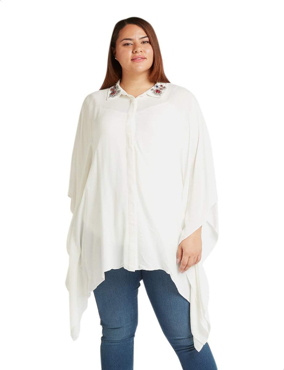 Splash Plain Asymmetrical Hem Concealed Placket Shirt Neck Viscose Blouse For Women.