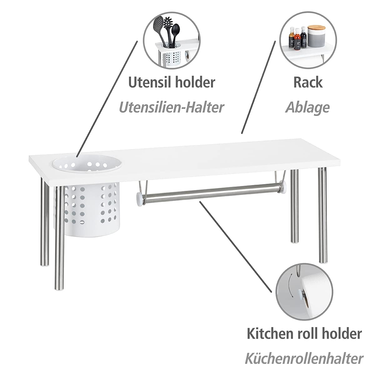 WENKO Blanco Kitchen Shelf with Roll and Utensil Holder, 55x21x18cm