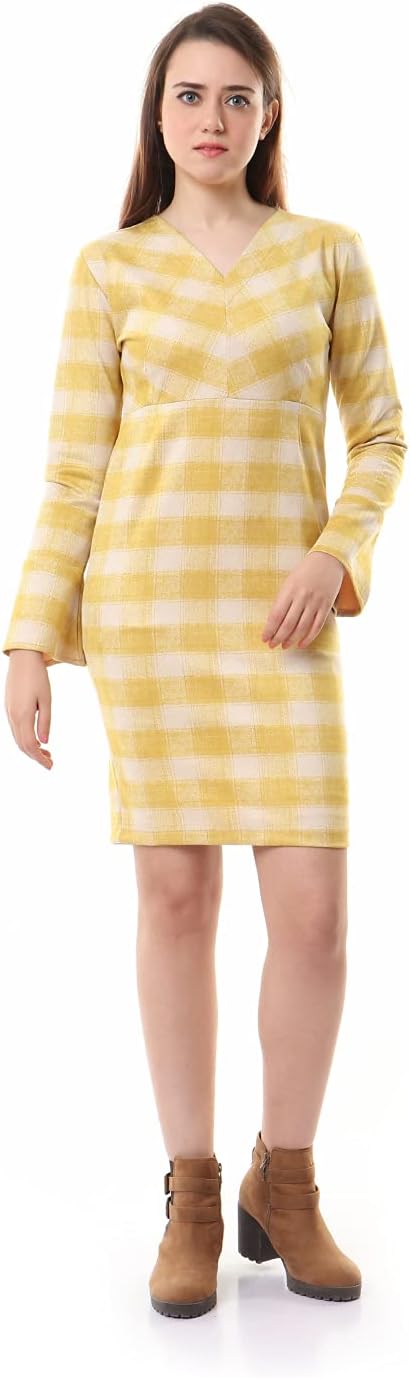 Andora Women's V-Neck Long Sleeves Plaid Dress - Light Yellow Casual Dress