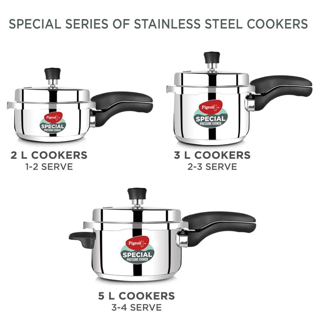 Pigeon By Stovekraft Special Stainless Steel Pressure Cooker with Outer Lid Induction and Gas Stove Compatible 2 3, 5 Litre Capacity for Healthy Cooking (Silver)-Damage Box- Have Scratches