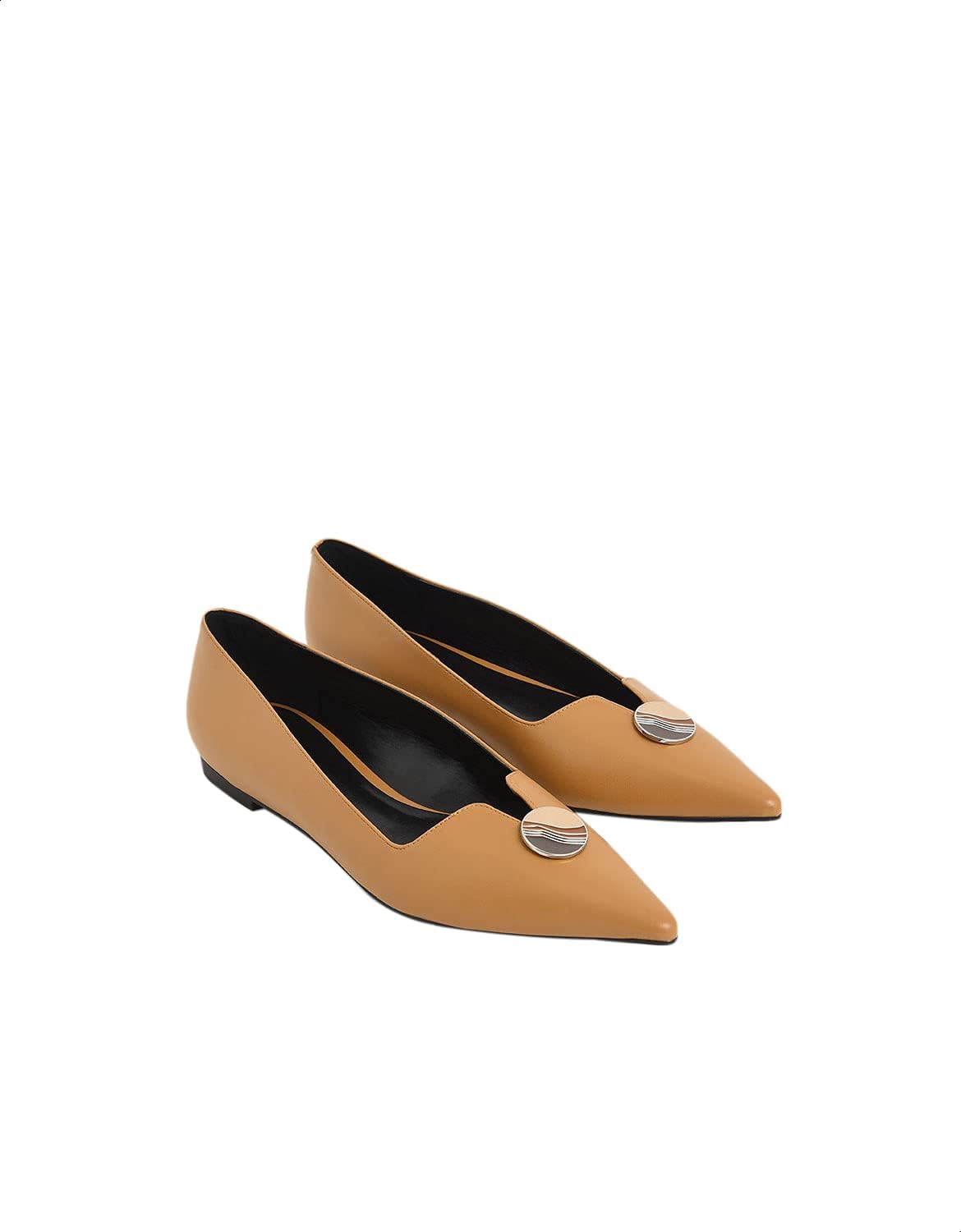 CHARLES & KEITH Women’s Pointed Toe Faux Leather Ballerinas with Front Button Detail