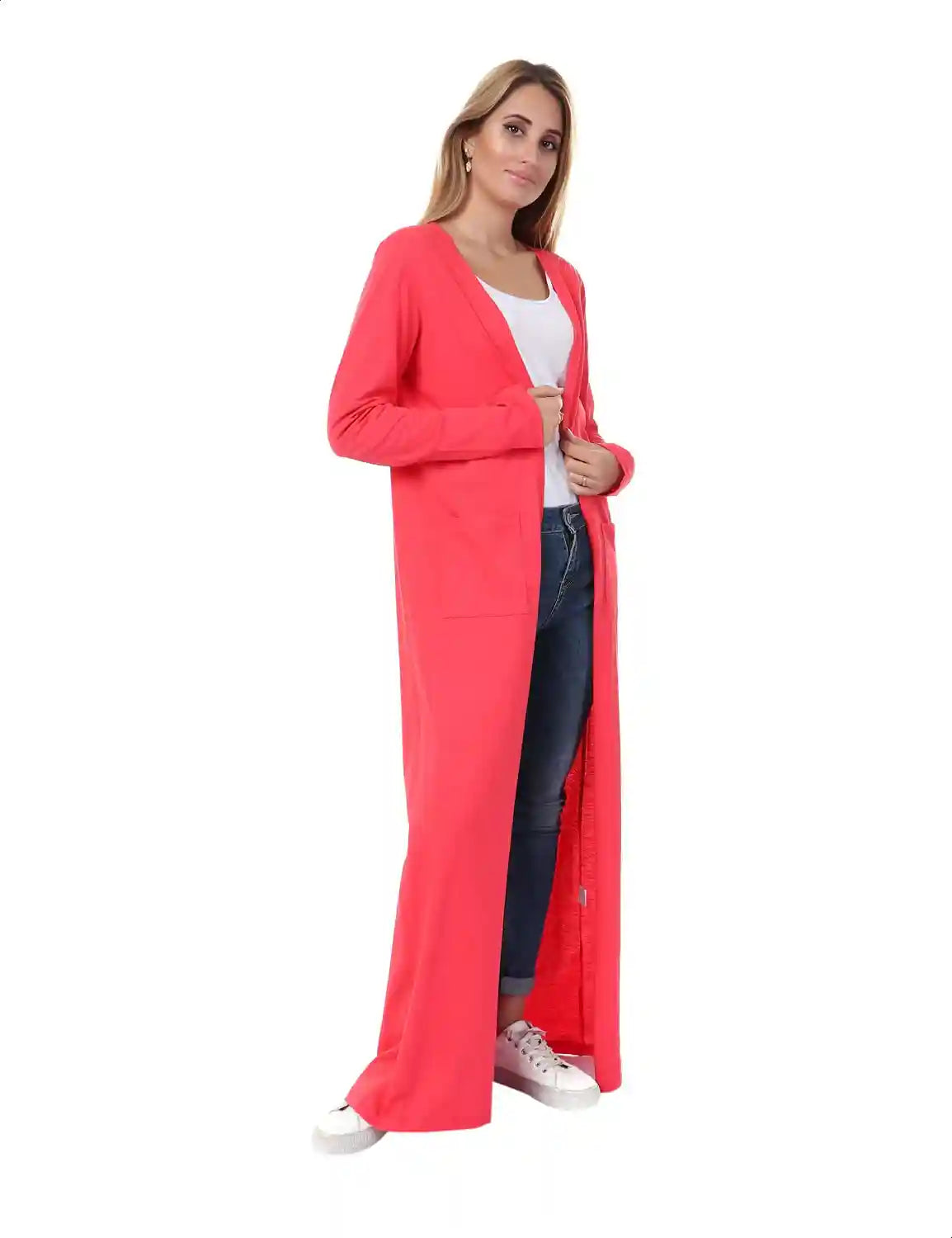 Jamila Women Plain Front Pockets Long Sleeves Maxi Cardigan
