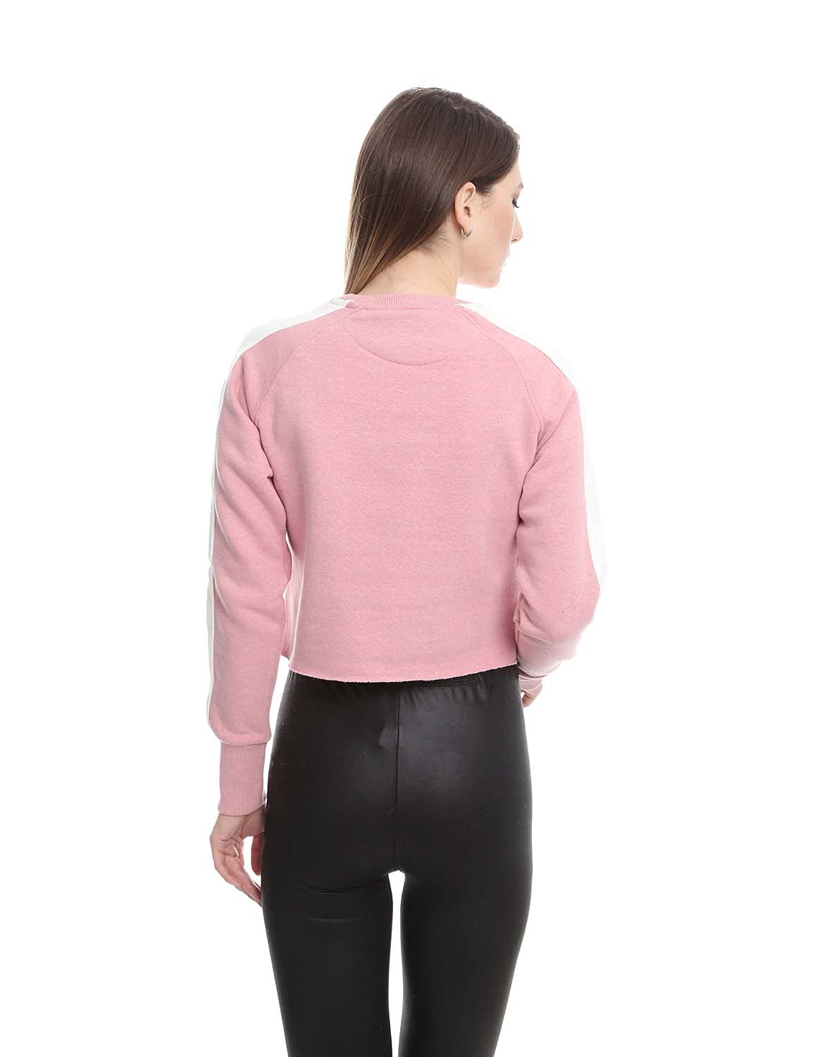 Side Stripe Ribbed Trims Crew Neck Cropped Sweatshirt for Women