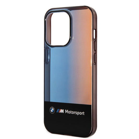 غطاء CG MOBILE BMW Motorsport لهاتف iPhone 14 Pro max، شريط متدرج ثلاثي الألوان، حماية كاملة، مقاوم للخدش، أسود.