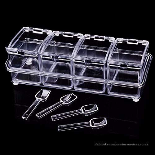 Krishi Kitchen Spice Pots 4 Piece Clear Seasoning Box Storage Container Condiment Jars Seasoning Rack for Kitchen Cooking with Cover and Spoon