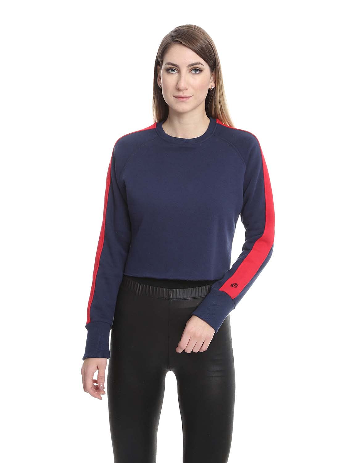 Side Stripe Ribbed Trims Crew Neck Cropped Sweatshirt for Women